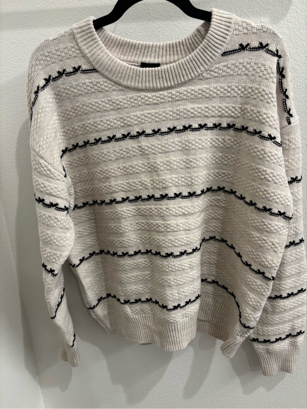 bobeau Cream Knit Crewneck Sweater with Black Stripe Detail